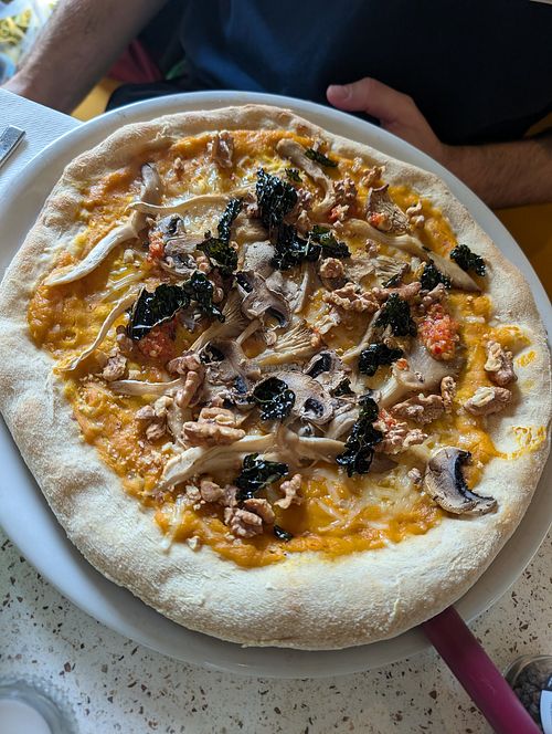 Pinsa zucca e funghi (pumpkin cream and mushrooms) at Tiramisu | Lunch & Diner | Koffie & Catering | Cucina Italiana in Noord-holland