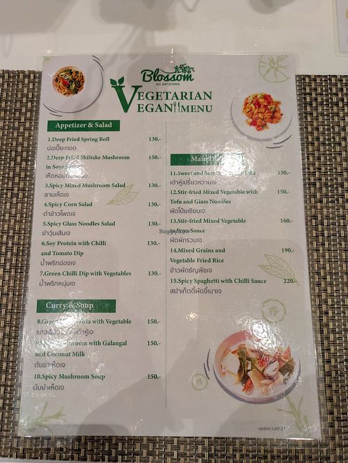 Vegan menu at Blossom Restaurant in Chiang Rai