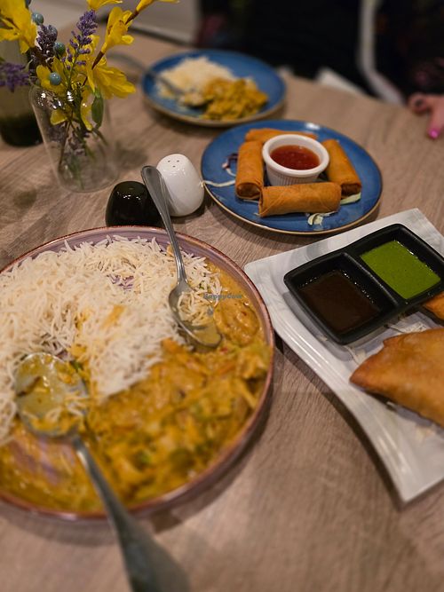 Delicious Korma,Spring Rolls and Samosas at Pema in Denver