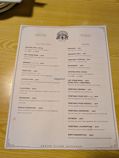 Menu Nov 2025 at Korean Village Restaurant in Toronto