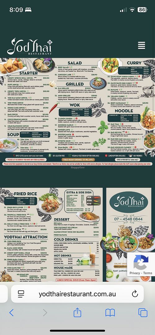 Menu - those marked “V” can be made vegan  at Yodthai Restaurant - Toowoomba in Toowoomba Regional