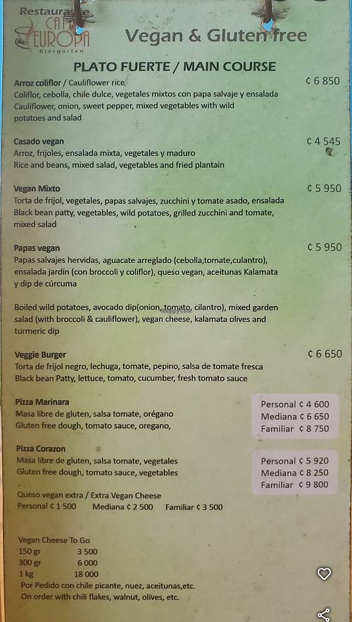 Menu at Restaurante Pizzeria Europa in Provincia De Guanacaste