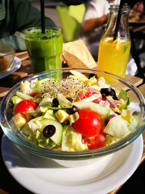 Lovely salad; lots of cubed cheese (store bought) in there (couldnt eat it all); very generous portion here at Vege Miasto in Warsaw