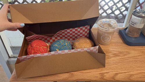 Concha de fresa con crema, concha original, brioche glazed, and an oat milk sweet chai!   at Cal's Bakeshop in Tucson