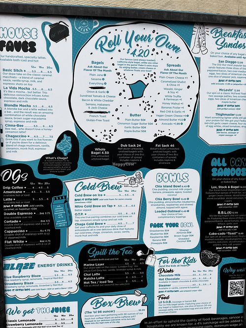 Menu  at Spill the Beans in San Diego
