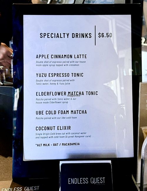 Menu  at Endless Quest Roasters in Laguna Beach