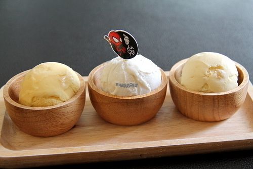 Vegan ice creams. Vanilla-almond, korean yoghurt and rum-raisin.  at Itim Roi Ros (100 Flavors of Ice Cream) - ไอติม100รส in Chiang Mai