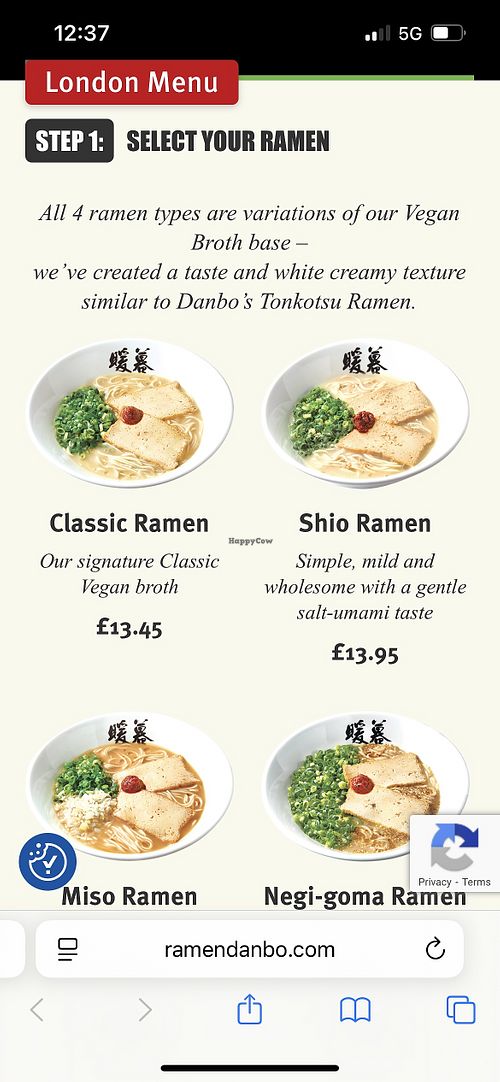 Online menu at QR code showing all options  at Ramen DANBO Wimbledon in London