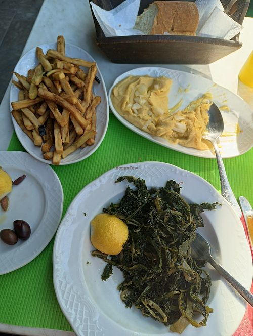 fava, horta, and fried aubergines at The Kyklamino in Athens