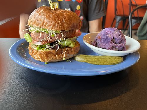 Conscious Culture Berger with sweet potato salad   at The Booch Bar in Hilo
