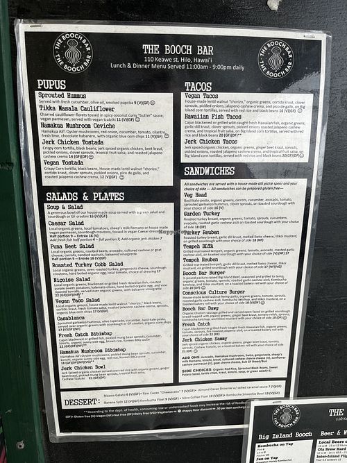 Lunch - dinner menu   at The Booch Bar in Hilo