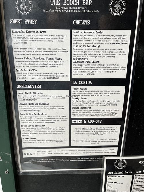 Breakfast menu  at The Booch Bar in Hilo
