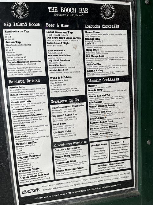 Drink menu   at The Booch Bar in Hilo