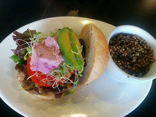Couscous Classic Burger with extra cashew cheese and avocado. quinoa on the side at The Booch Bar in Hilo