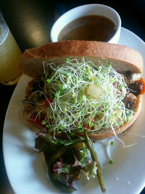Veggie Sammy with miso soup on the side at The Booch Bar in Hilo