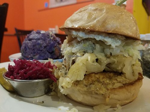 Tempeh Reuben and purple potato salad at The Booch Bar in Hilo