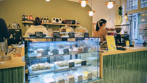 The counter, lots of clearly-labelled goodies at Roka in Leiden