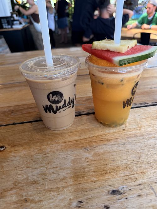 Vegan oatmilk latte and #3 juice  at Muddy's Cafe in Cairns