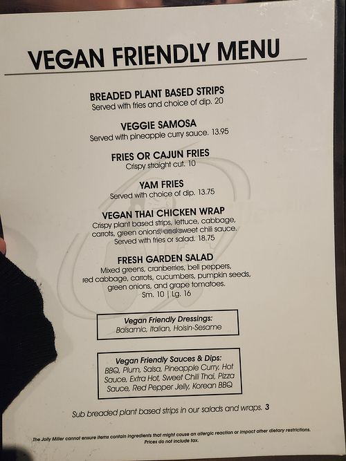 Separate vegan menu at Jolly Miller Pub in Chilliwack
