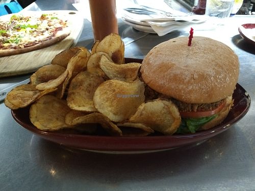 Veggie burger ft cilantro beer vinaigrette and hot sauce at Maui Brewing Co in Kahana