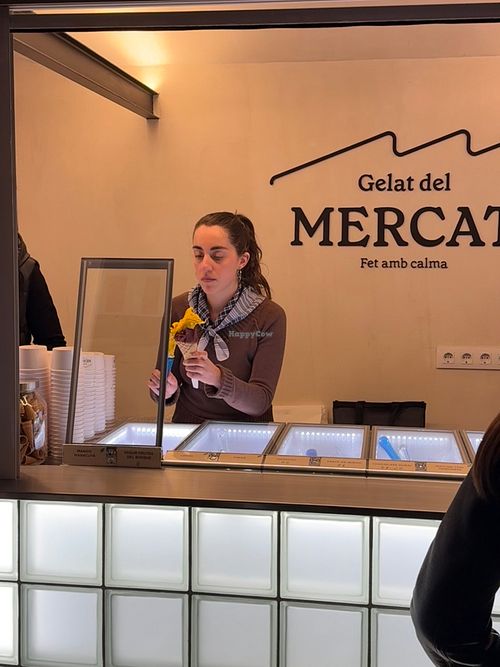 Vegan Cone with Vegan Chocolate Ice cream and Vegan Mango with passion fruit ice cream at Gelat del Mercat in Valencia