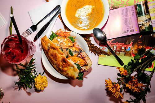 Vegan sandwich and soup of the week with a drink.  at Café Le Fontainas in Brussels
