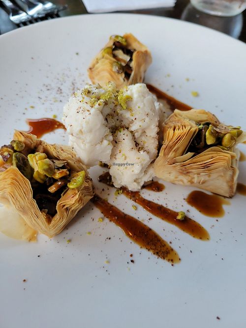Baklava pistachio with ice cream at Mesa Verde in Santa Barbara