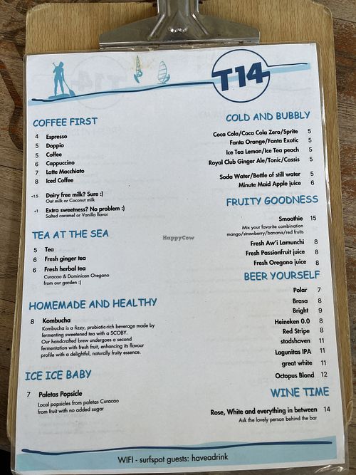 Drinks and coffee menu  at Surfspot Curacao in Willemstad