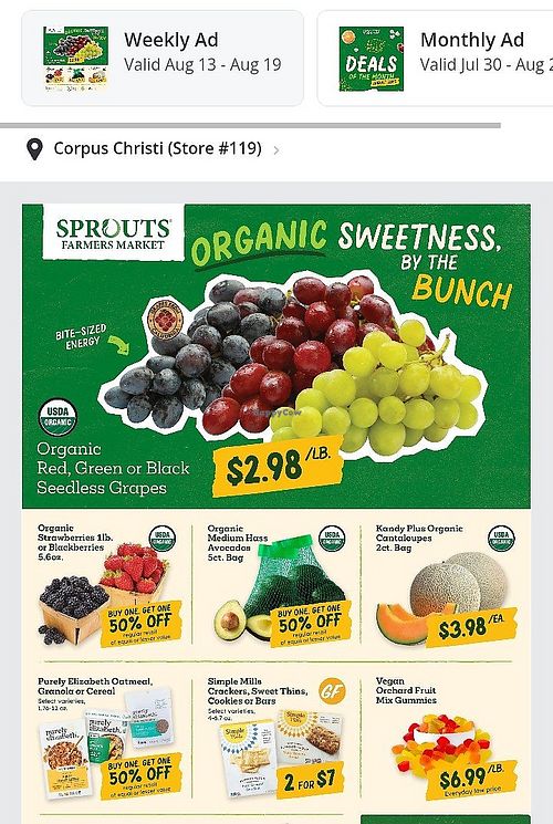Cover of weekly ad for August 13-19, 2025 at Sprouts in Corpus Christi
