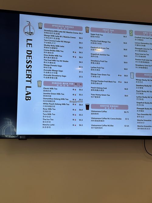 Menu. There’s oat milk and almond milk option.  at Le Dessert Lab  in Richmond