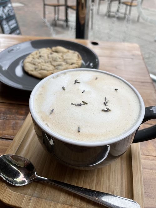 London fog latte with soy milk and choc chip cookie at Power Plant Cafe in Plymouth