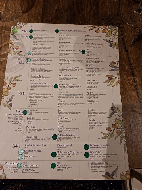 Menu with Vegan options highlighted at Cosa Nostra in Whitby