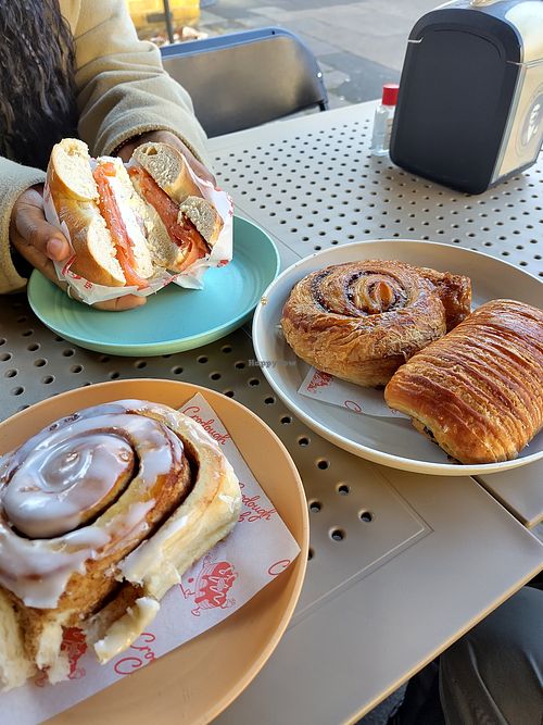 Vegan cinnamon bun (lower left), cinnamon swirl & dark chocolate pastry at Rinkoffs Bakery in East London