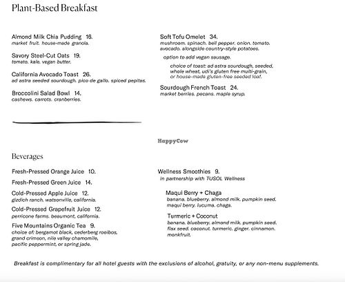 Vegan Breakfast Menu  at Sierra Mar in Big Sur