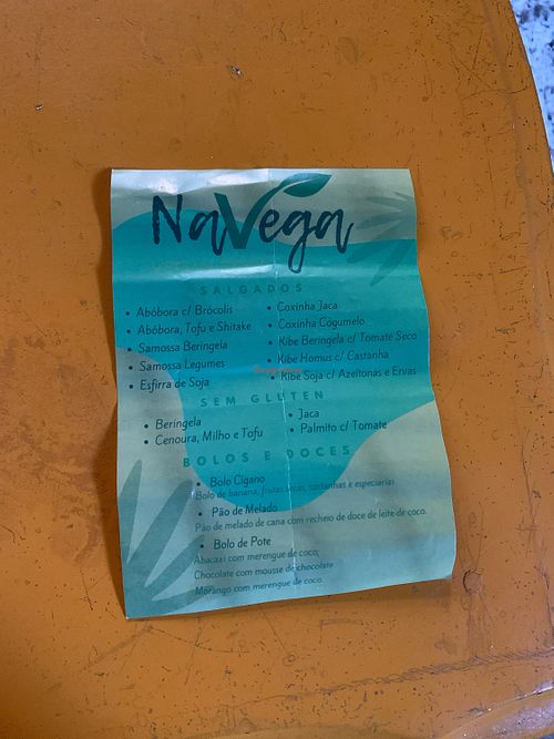 Picture shows their menu, including traditional Brazilian savoury pasties and sweets.  at NaVega in Sao Paulo