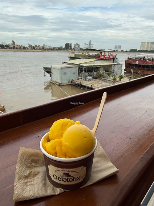 Mango and raspberry sorbet at Gelatofix in Phnom Penh