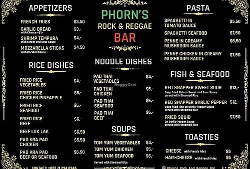 Food menu 2025  at Phorn's Rock & Reggae Bar in Sihanoukville