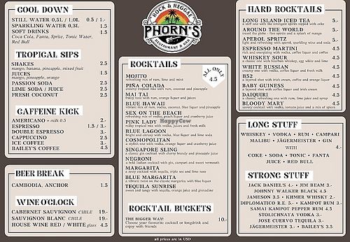 Drinks menu 2025  at Phorn's Rock & Reggae Bar in Sihanoukville