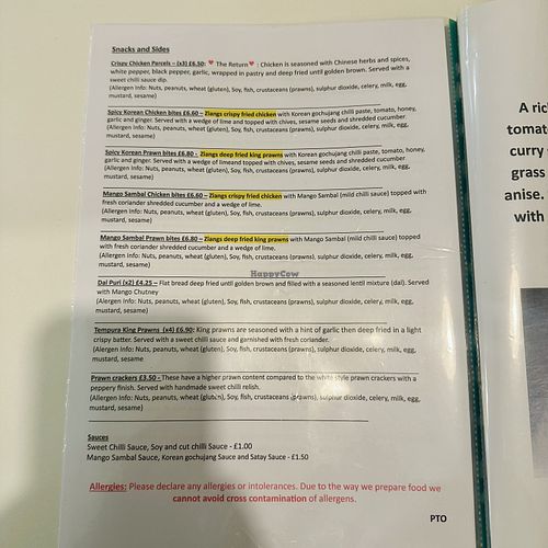 Menu Back Page  at Ziangs 35a in Minehead