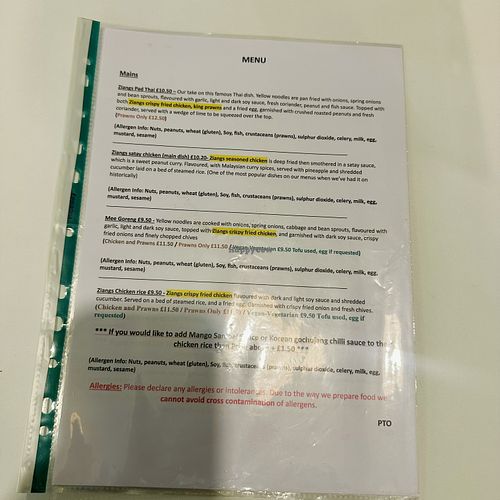 Menu Front Page  at Ziangs 35a in Minehead