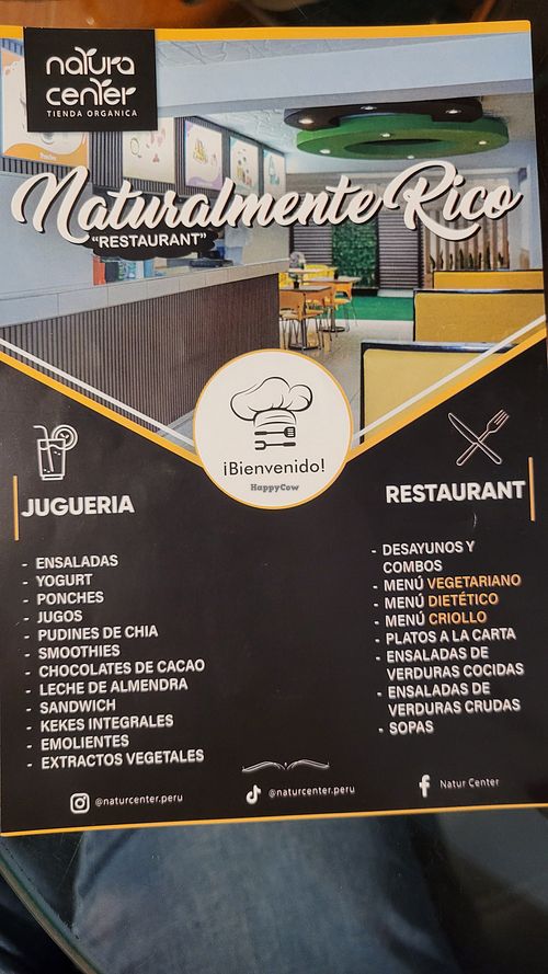 List of restaurant offerings in general at Naturalmente Rico in Huánuco