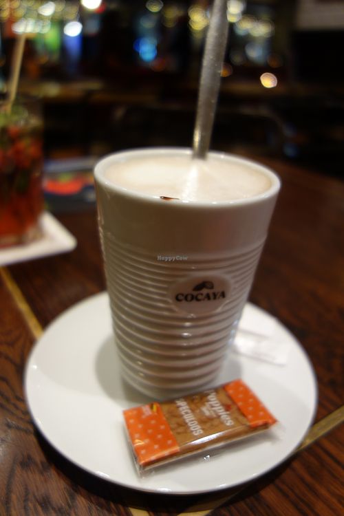 Hot chocolate (vegan) - and yes, the biscuit is vegan, too at BRASSERIE Saarbrücken in Saarland