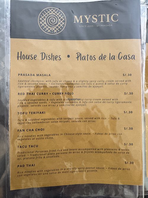 Menu  at Mystic by Prasada Pisac in Cuzco