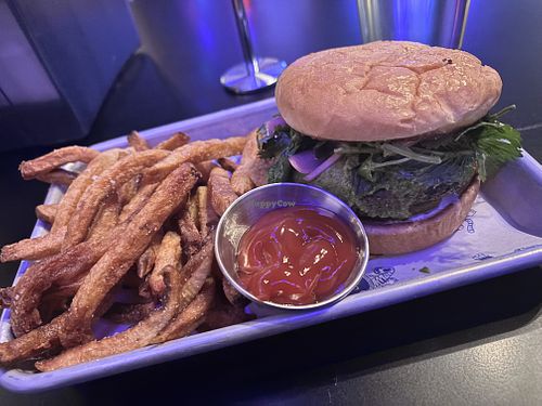 Falafel burger with fries  at Easy Tiger in Asheville
