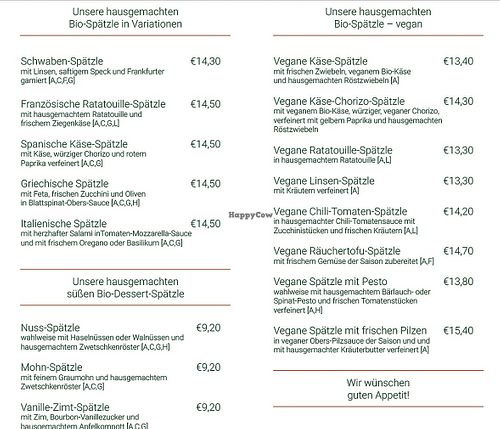 Vegan options clearly marked  at Pia's Wohlleben – Hausgemachte Bio-Spätzle: klassisch, vegan & mehr in Wien