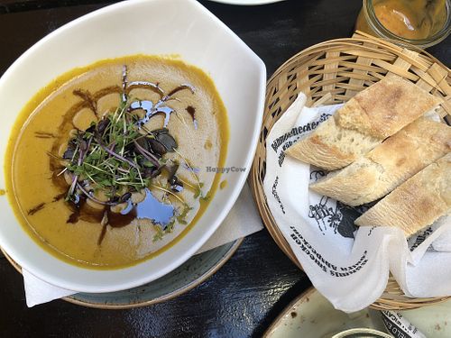 Vegan item of the 2021 automn menu: pumpkin soup at Stadtwirtschaft Freiberg in Freiberg Saxony