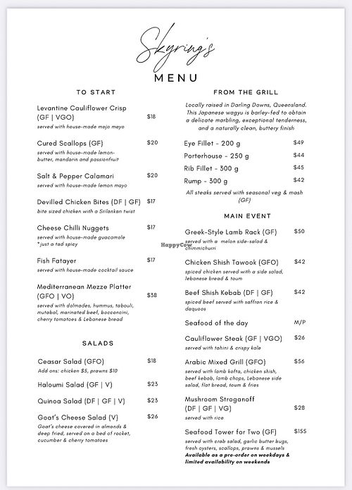 VG and VGO for vegan and vegan options   at Skyring's Restaurant and Bar in Rockhampton