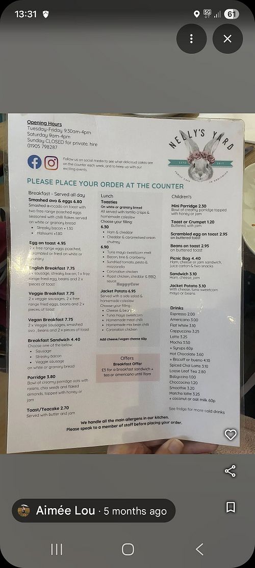 Menu at Nelly's Yard in England