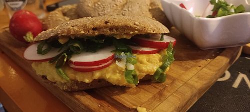 Wegan Egg salad sandwich with sourdough roll at Experimental station rainbow 12 in Bansko