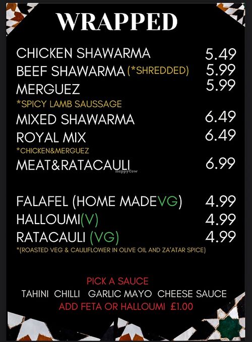 Wrap menu showing clearly labelled vegan options.  at Moriska in London